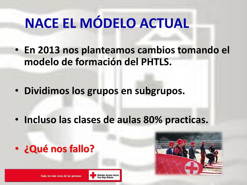 NACE EL MÓDELO ACTUAL En 2013 nos planteamos cambios tomando el modelo de formación del PHTLS. Dividimos los grupos en subgrupos.