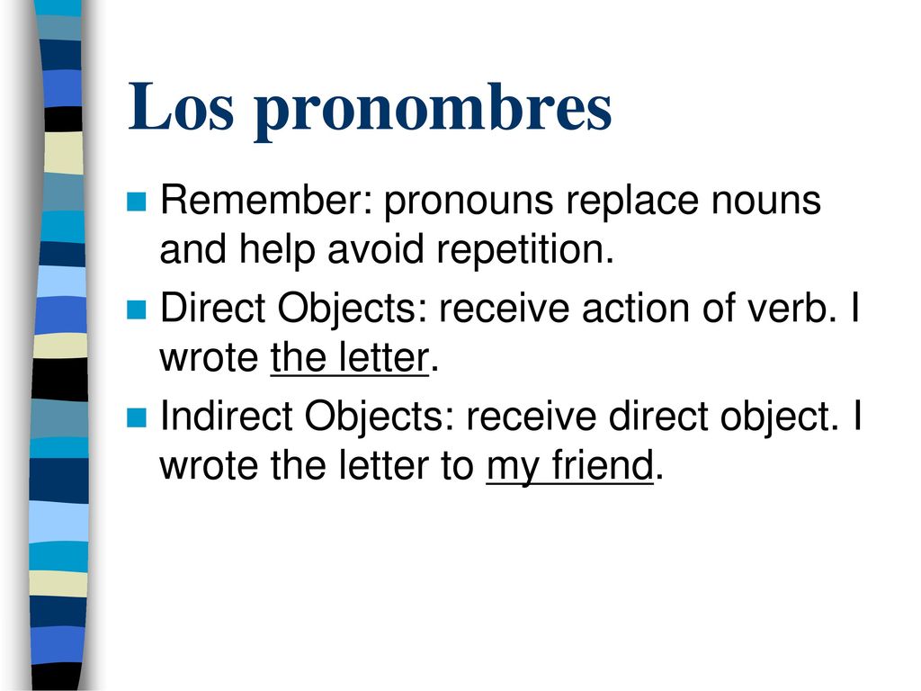 Los pronombres Remember: pronouns replace nouns and help avoid repetition. Direct Objects: receive action of verb. I wrote the letter.