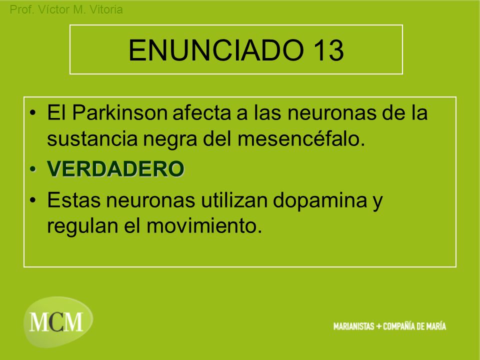 ENUNCIADO 13 El Parkinson afecta a las neuronas de la sustancia negra del mesencéfalo. VERDADERO.