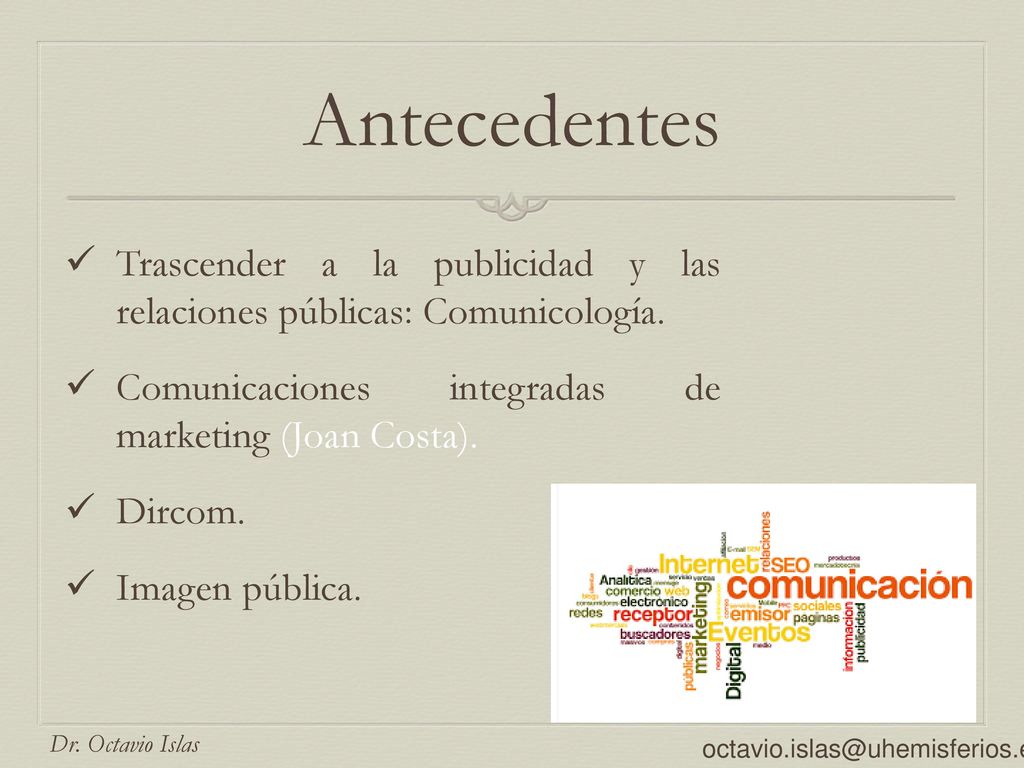 Antecedentes Trascender a la publicidad y las relaciones públicas: Comunicología. Comunicaciones integradas de marketing (Joan Costa).