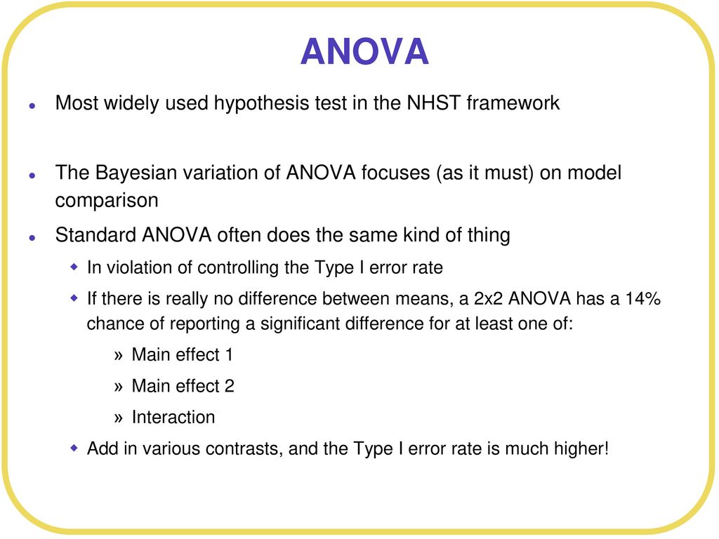 ANOVA Most widely used hypothesis test in the NHST framework