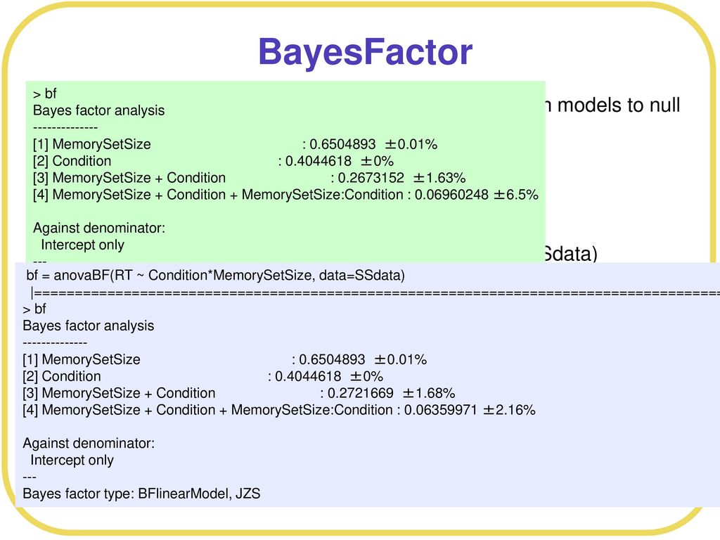 BayesFactor > bf. Bayes factor analysis [1] MemorySetSize : ±0.01%