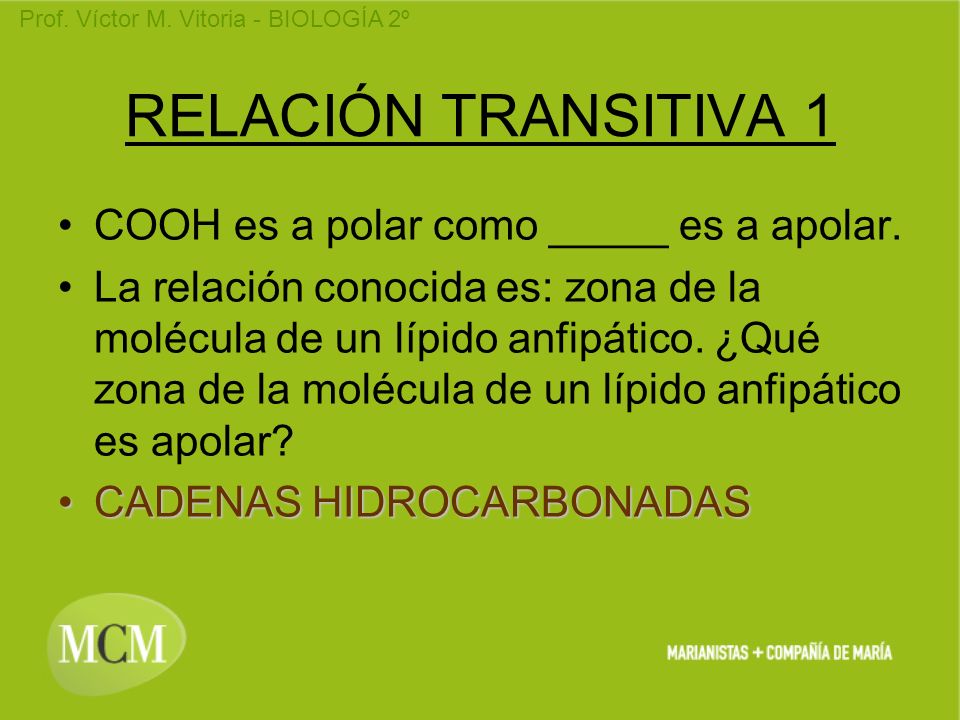 RELACIÓN TRANSITIVA 1 COOH es a polar como _____ es a apolar.