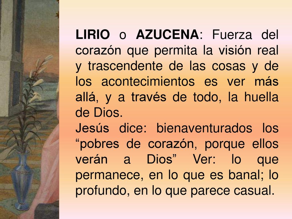 LIRIO o AZUCENA: Fuerza del corazón que permita la visión real y trascendente de las cosas y de los acontecimientos es ver más allá, y a través de todo, la huella de Dios.