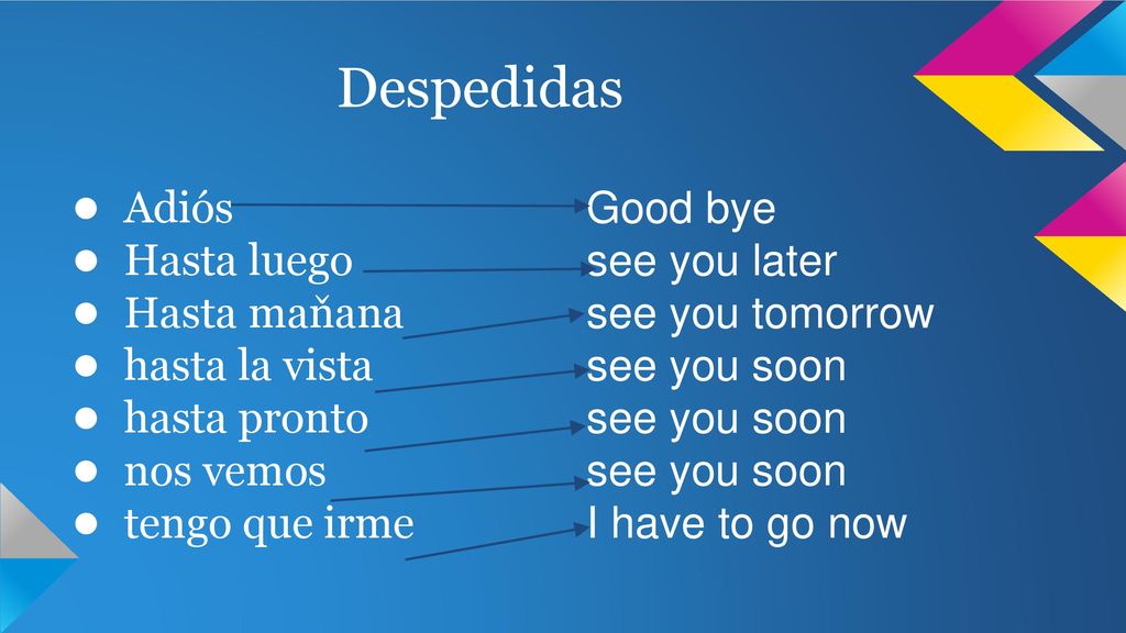 Despedidas Adiós Hasta luego Hasta maňana hasta la vista hasta pronto