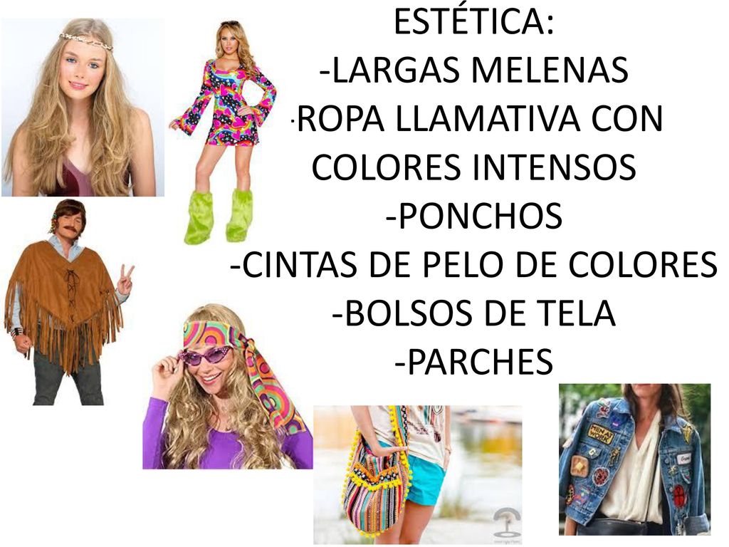 ESTÉTICA: -LARGAS MELENAS -ROPA LLAMATIVA CON COLORES INTENSOS -PONCHOS -CINTAS DE PELO DE COLORES -BOLSOS DE TELA -PARCHES