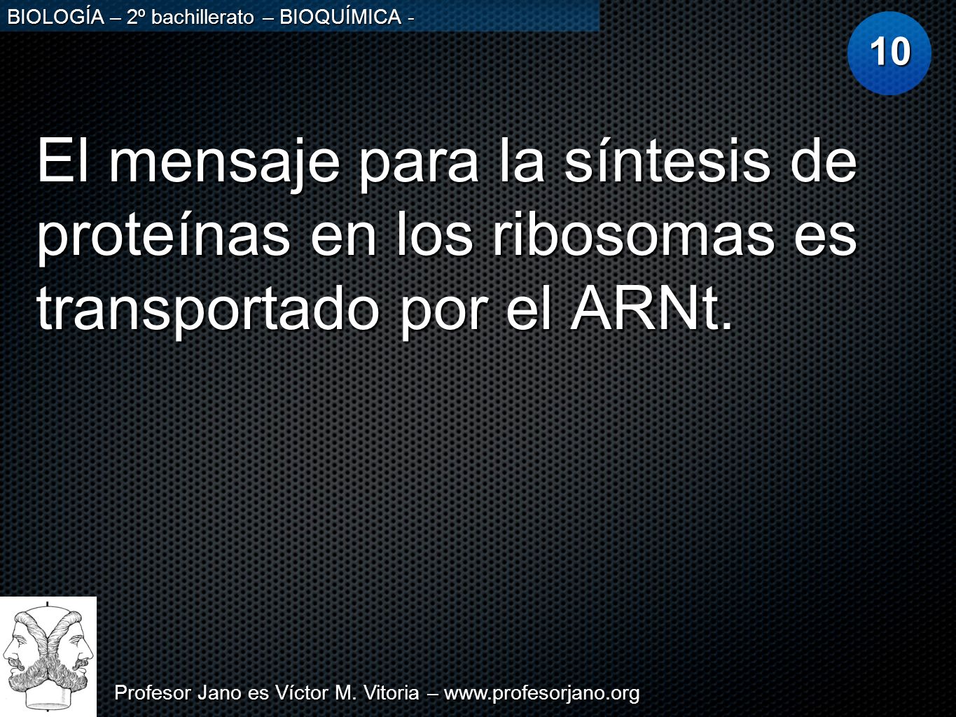 10 El mensaje para la síntesis de proteínas en los ribosomas es transportado por el ARNt.