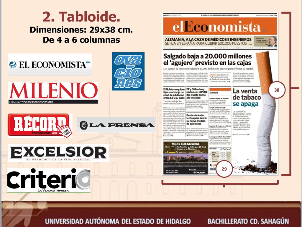 2. Tabloide. Dimensiones: 29x38 cm. De 4 a 6 columnas 38 29