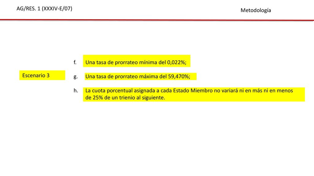 AG/RES. 1 (XXXIV-E/07) Metodología. f. Una tasa de prorrateo mínima del 0,022%; g. Una tasa de prorrateo máxima del 59,470%;