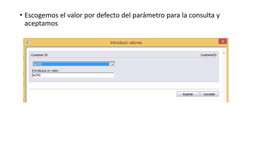 Escogemos el valor por defecto del parámetro para la consulta y aceptamos