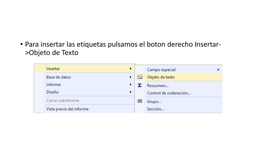 Para insertar las etiquetas pulsamos el boton derecho Insertar- >Objeto de Texto