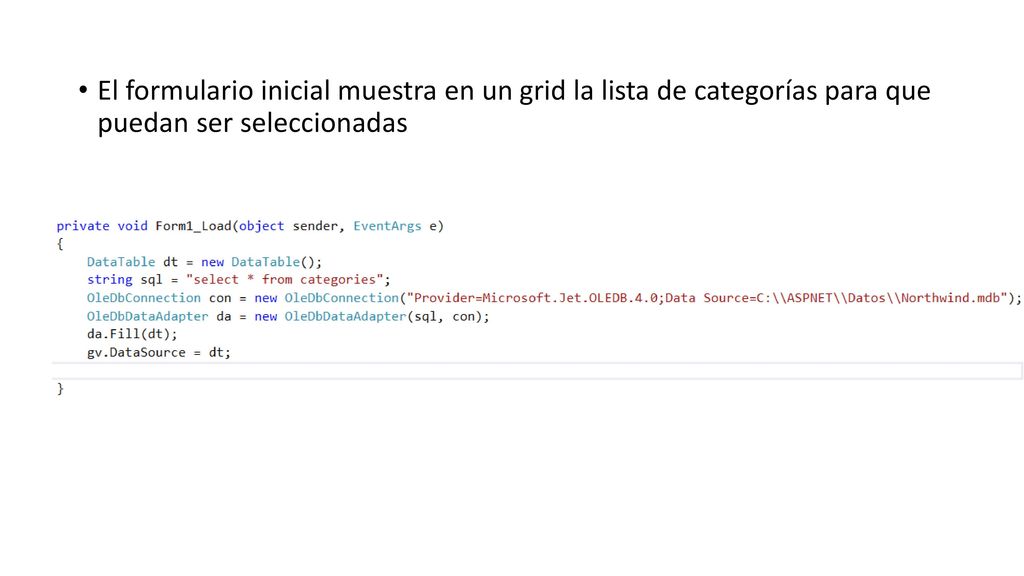 El formulario inicial muestra en un grid la lista de categorías para que puedan ser seleccionadas