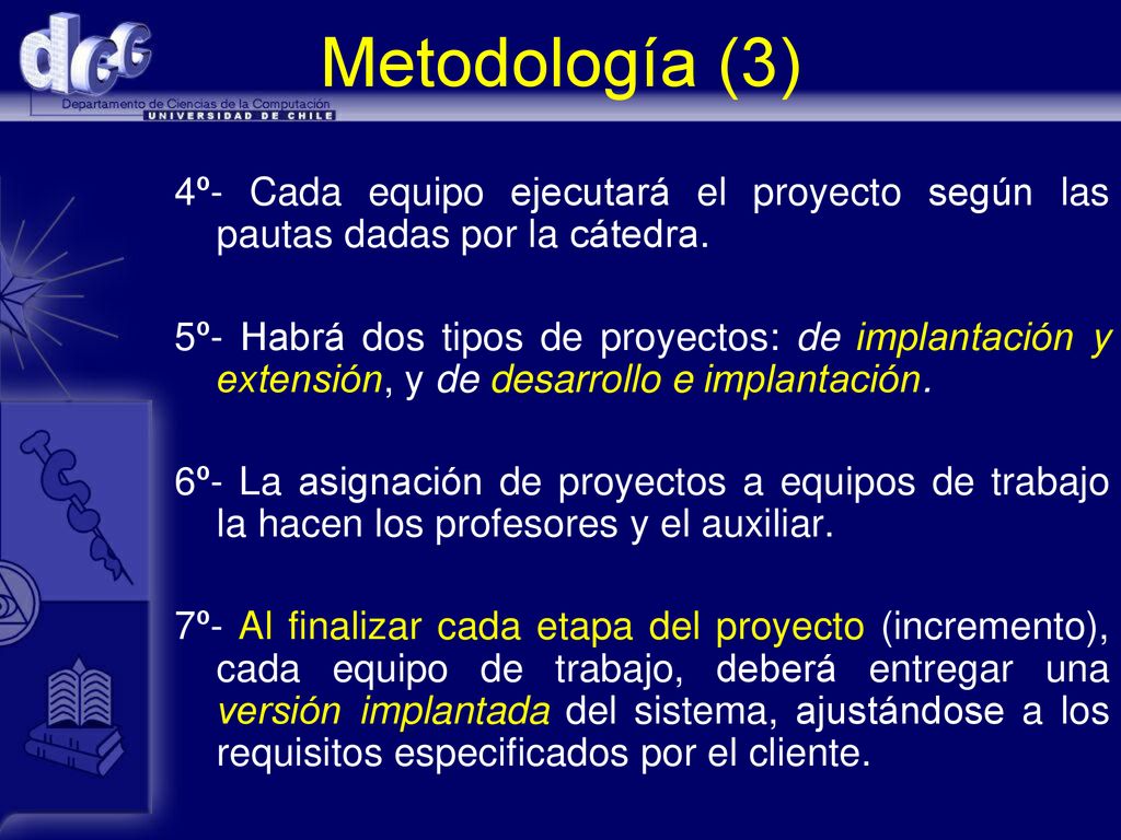 Metodología (3) 4º- Cada equipo ejecutará el proyecto según las pautas dadas por la cátedra.