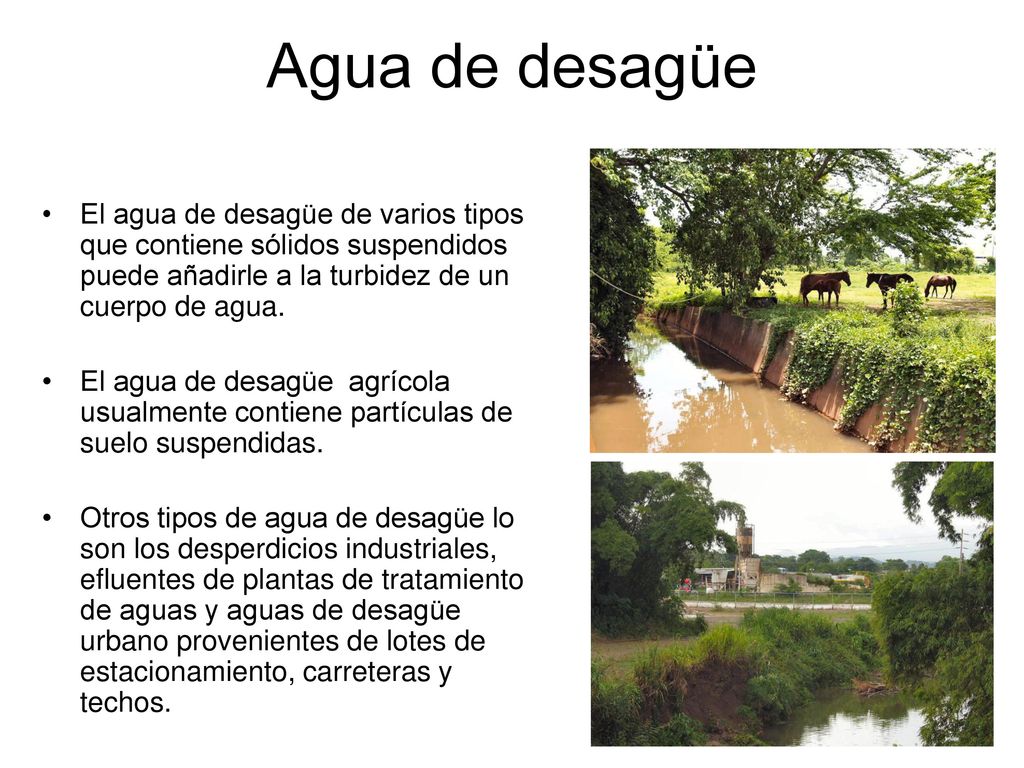Agua de desagüe El agua de desagüe de varios tipos que contiene sólidos suspendidos puede añadirle a la turbidez de un cuerpo de agua.