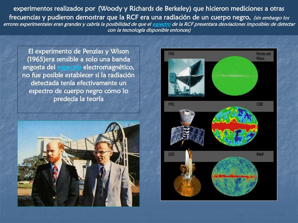 experimentos realizados por (Woody y Richards de Berkeley) que hicieron mediciones a otras frecuencias y pudieron demostrar que la RCF era una radiación de un cuerpo negro, (sin embargo los errores experimentales eran grandes y cabría la posibilidad de que el espectro de la RCF presentara desviaciones imposibles de detectar con la tecnología disponible entonces)