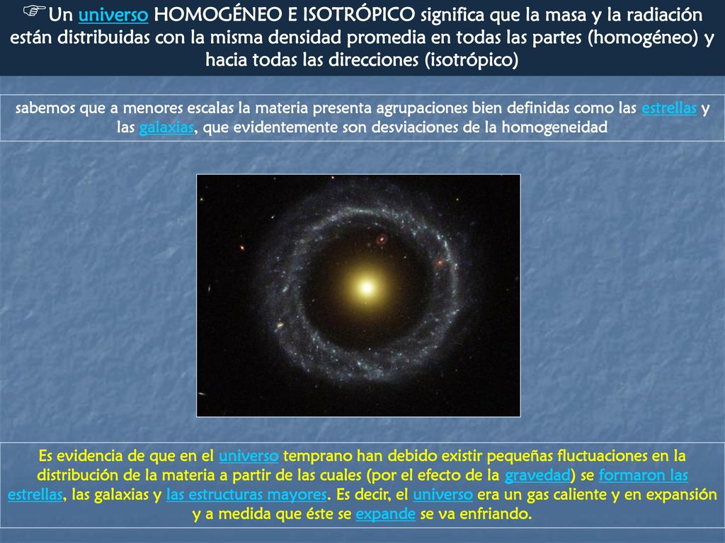 Un universo HOMOGÉNEO E ISOTRÓPICO significa que la masa y la radiación están distribuidas con la misma densidad promedia en todas las partes (homogéneo) y hacia todas las direcciones (isotrópico)