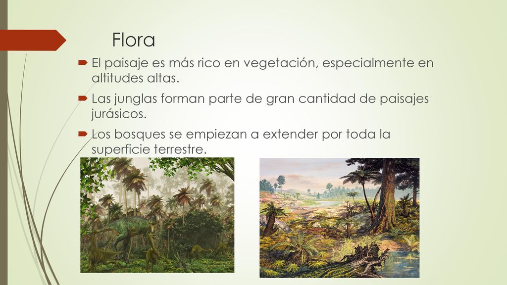 Flora El paisaje es más rico en vegetación, especialmente en altitudes altas. Las junglas forman parte de gran cantidad de paisajes jurásicos.