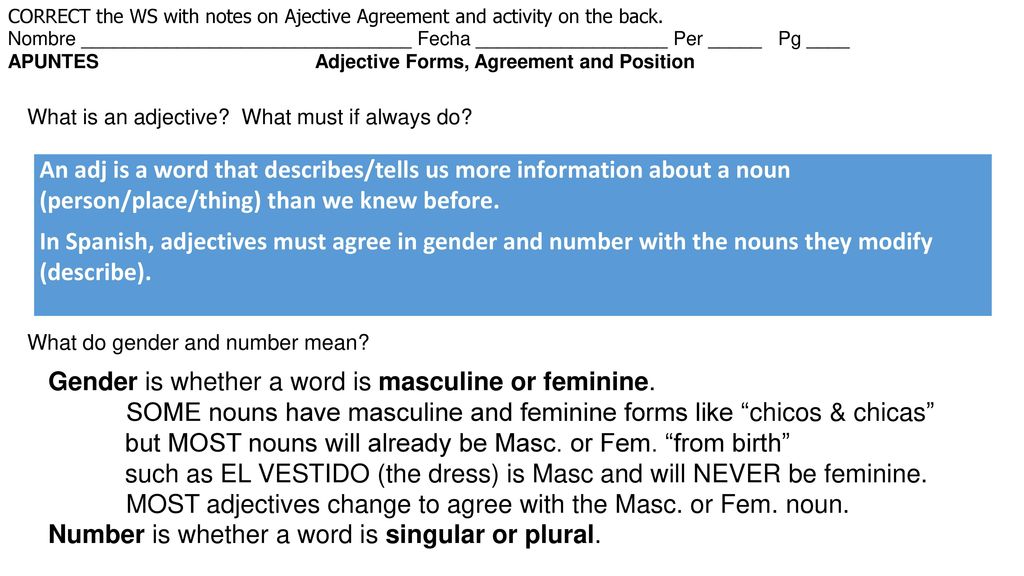 Gender is whether a word is masculine or feminine.