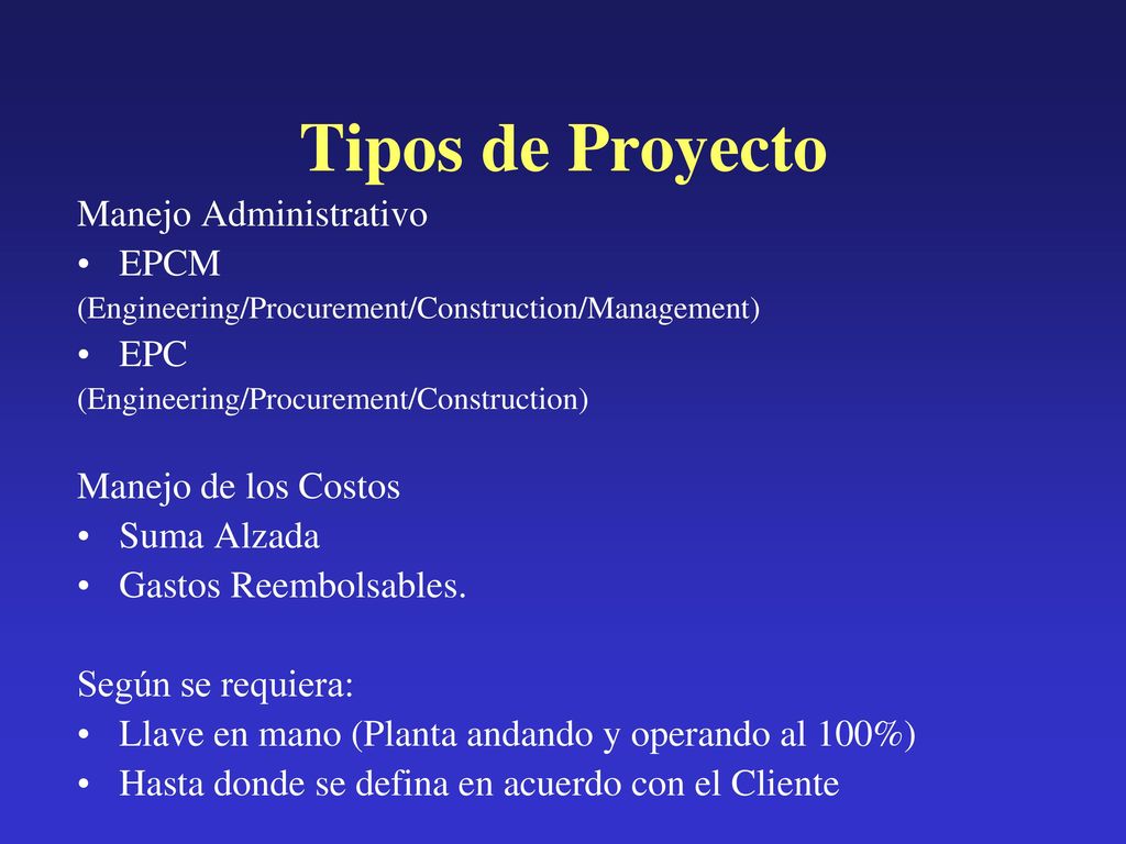 Tipos de Proyecto Manejo Administrativo EPCM EPC Manejo de los Costos