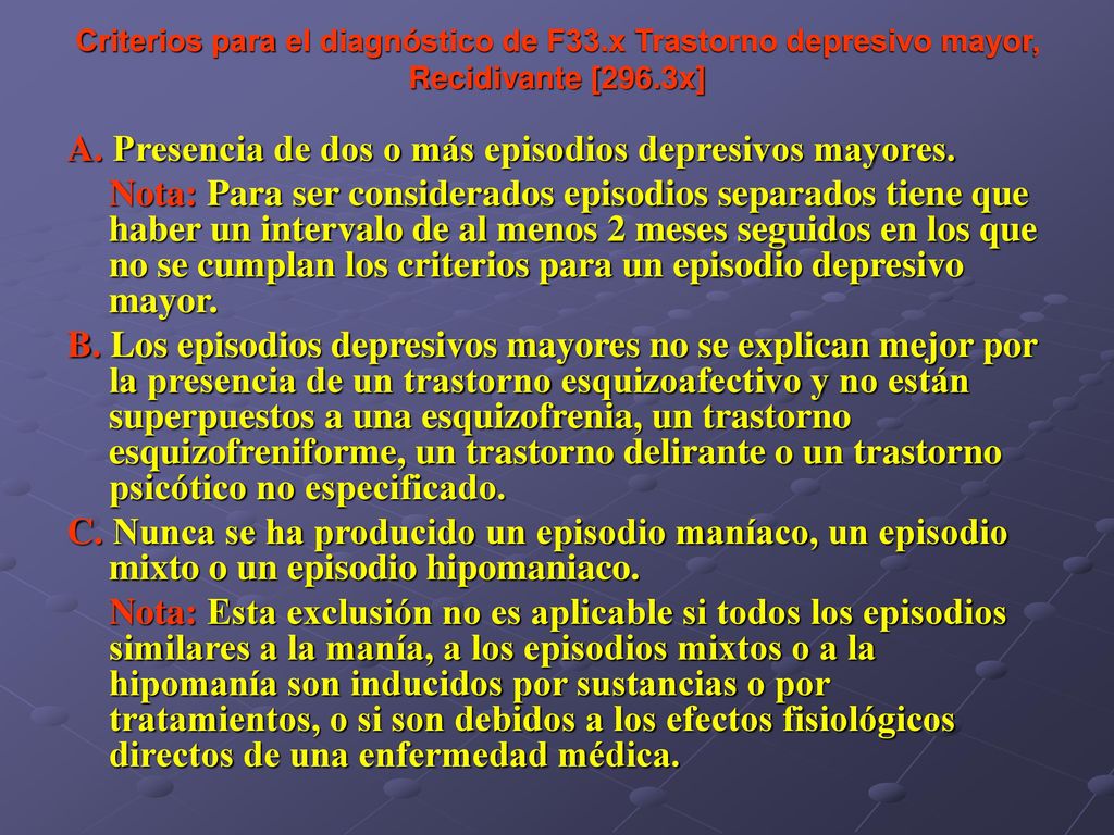 A. Presencia de dos o más episodios depresivos mayores.