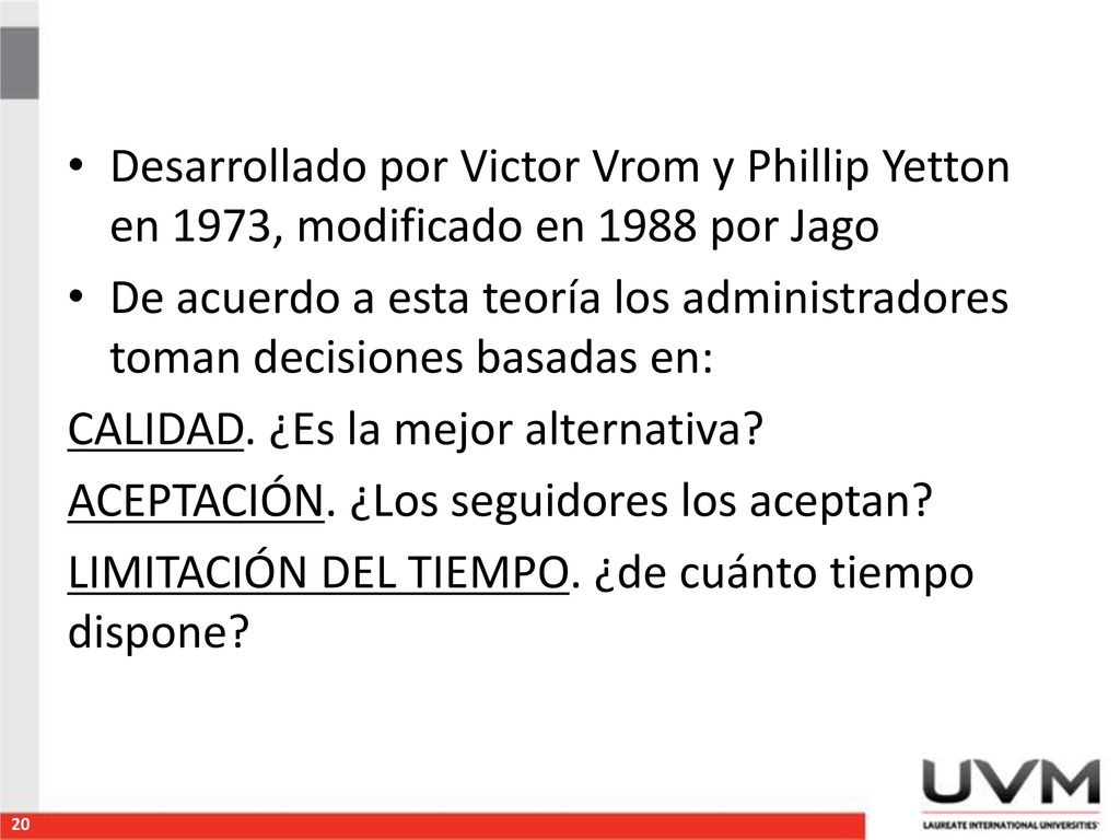Desarrollado por Victor Vrom y Phillip Yetton en 1973, modificado en 1988 por Jago