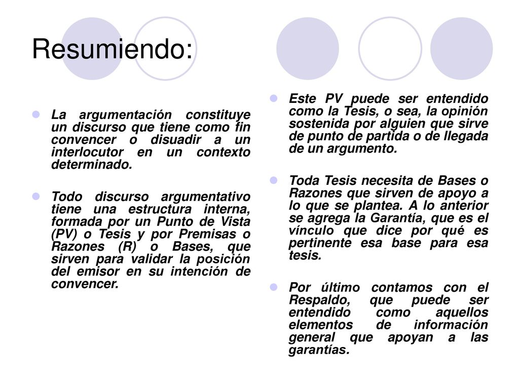 Resumiendo: La argumentación constituye un discurso que tiene como fin convencer o disuadir a un interlocutor en un contexto determinado.