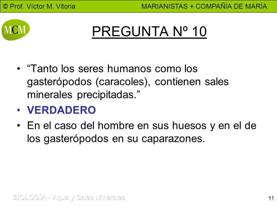 PREGUNTA Nº 10 Tanto los seres humanos como los gasterópodos (caracoles), contienen sales minerales precipitadas.
