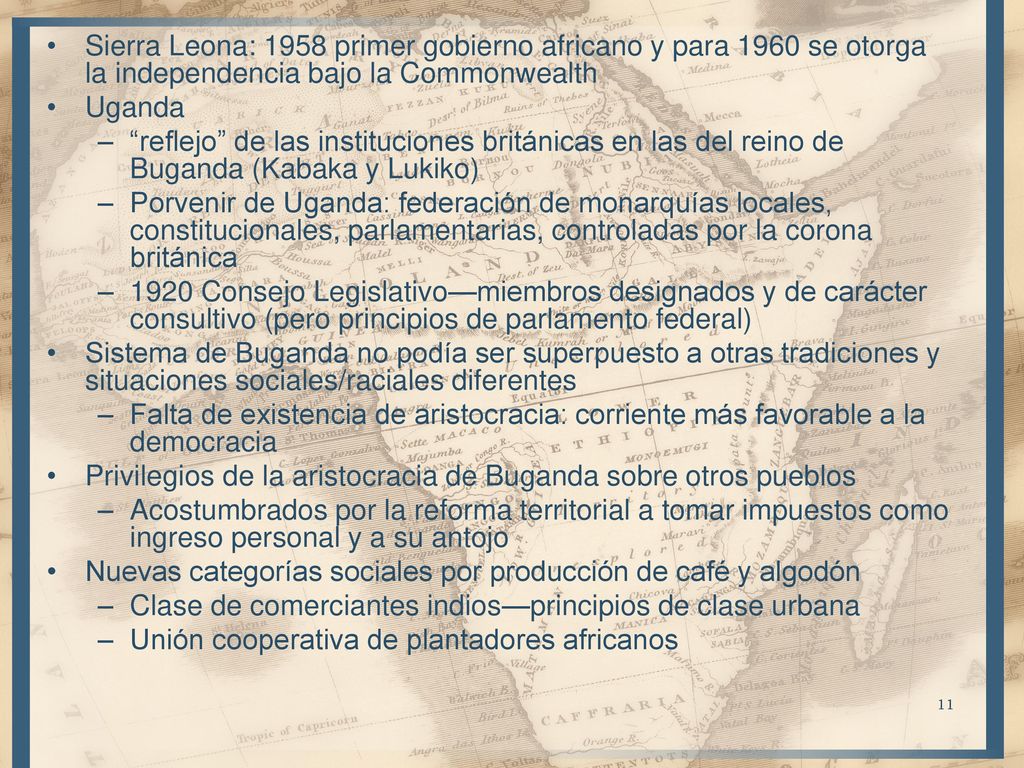 Sierra Leona: 1958 primer gobierno africano y para 1960 se otorga la independencia bajo la Commonwealth