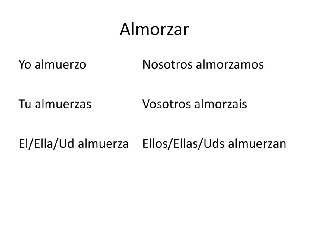 Almorzar Yo almuerzo Nosotros almorzamos Tu almuerzas Vosotros almorzais El/Ella/Ud almuerza Ellos/Ellas/Uds almuerzan