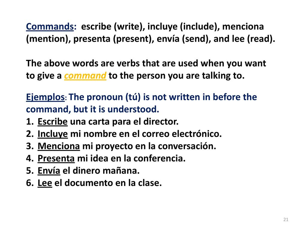 Commands: escribe (write), incluye (include), menciona (mention), presenta (present), envía (send), and lee (read).