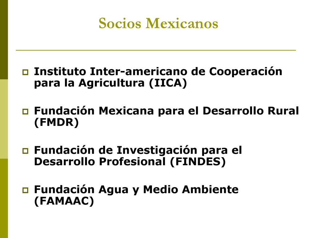 Socios Mexicanos Instituto Inter-americano de Cooperación para la Agricultura (IICA) Fundación Mexicana para el Desarrollo Rural (FMDR)