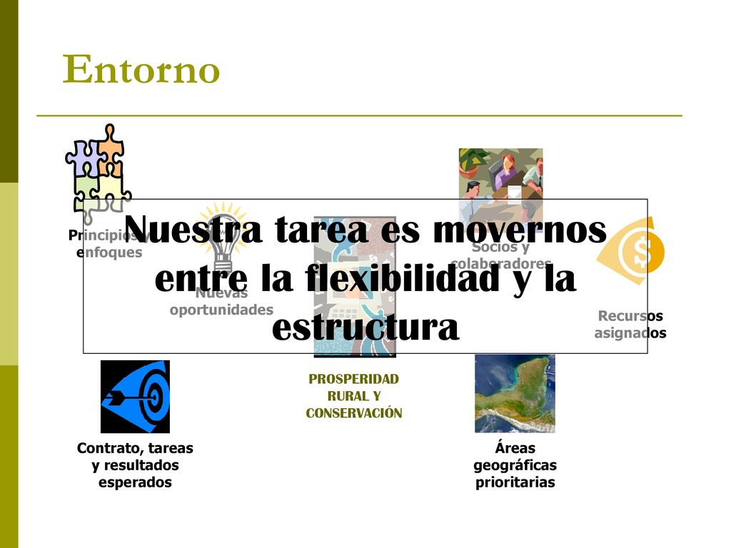 Entorno Principios y enfoques. Socios y colaboradores. Nuestra tarea es movernos entre la flexibilidad y la estructura.