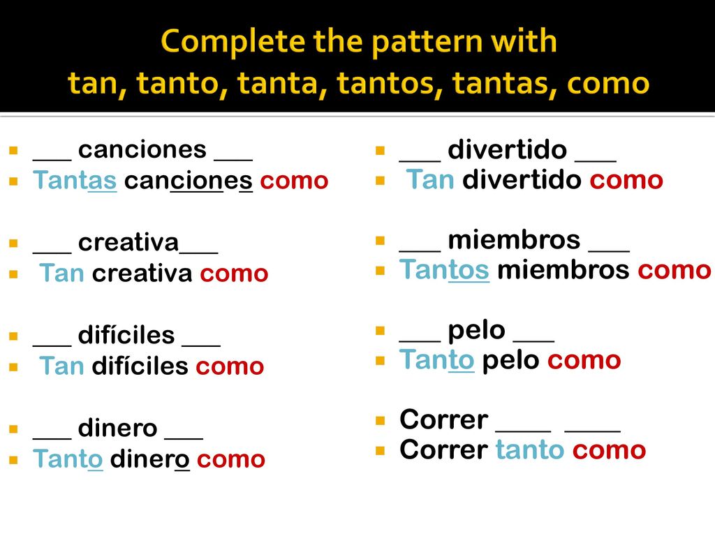 Complete the pattern with tan, tanto, tanta, tantos, tantas, como