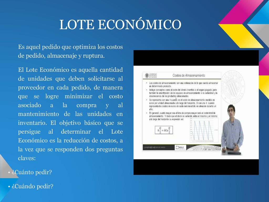 LOTE ECONÓMICO Es aquel pedido que optimiza los costos de pedido, almacenaje y ruptura.