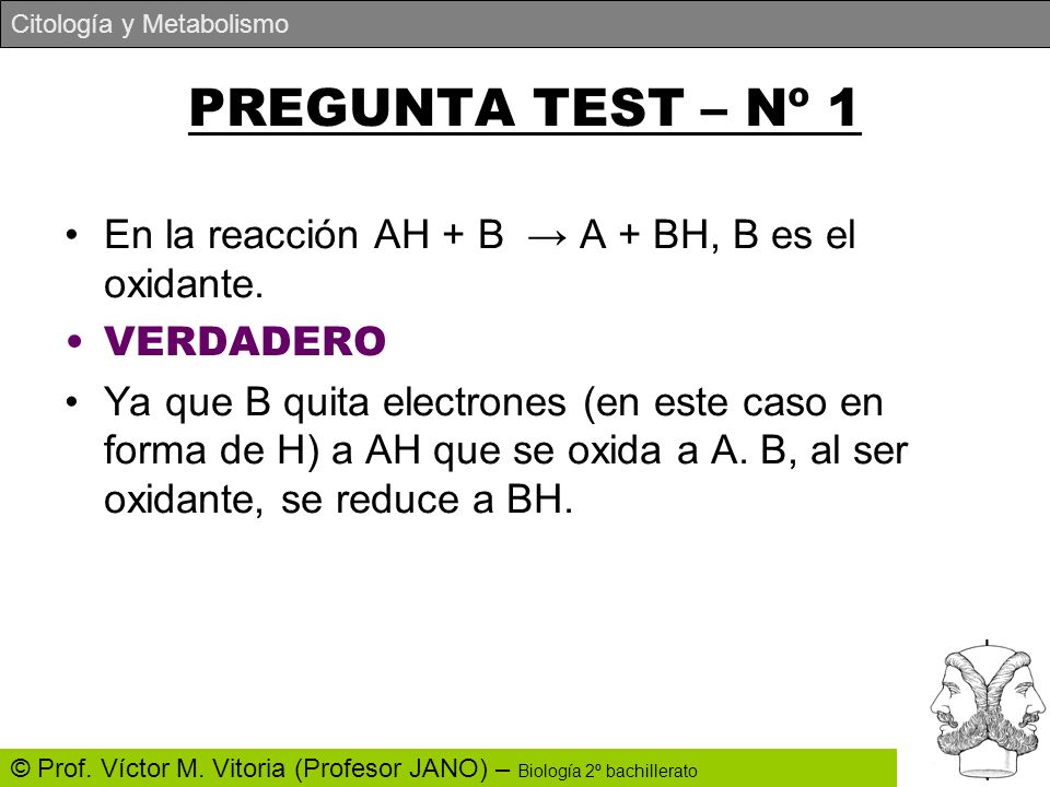PREGUNTA TEST – Nº 1 En la reacción AH + B → A + BH, B es el oxidante.
