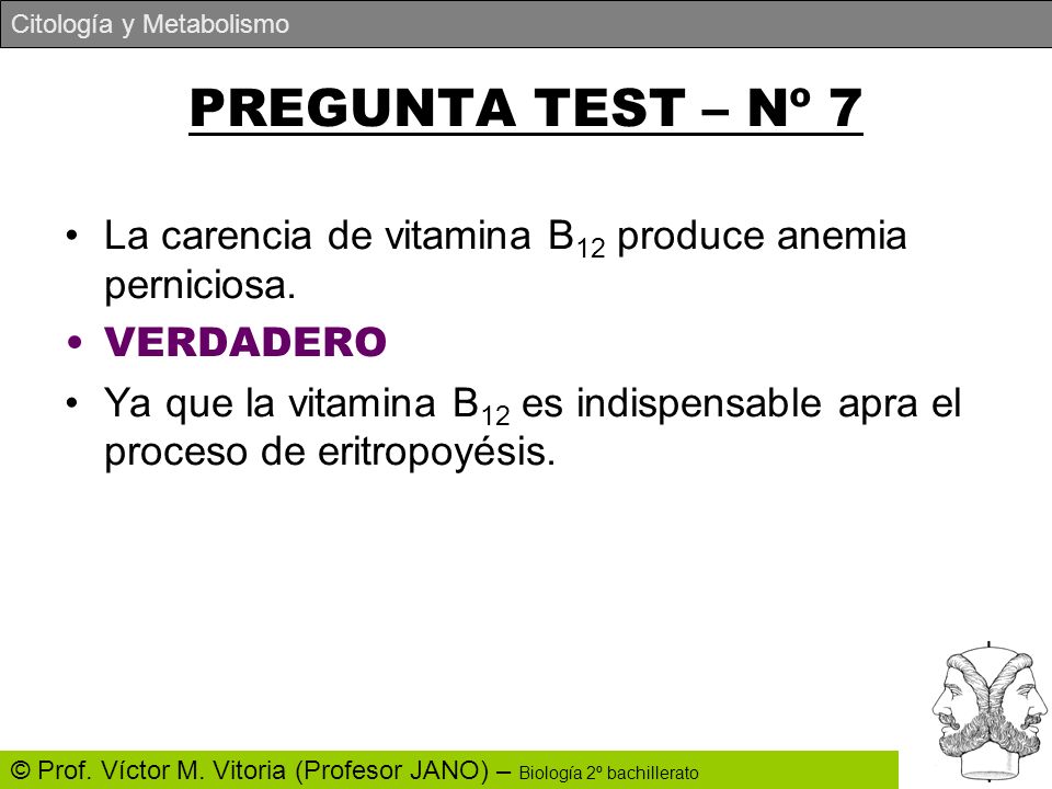 PREGUNTA TEST – Nº 7 La carencia de vitamina B12 produce anemia perniciosa. VERDADERO.