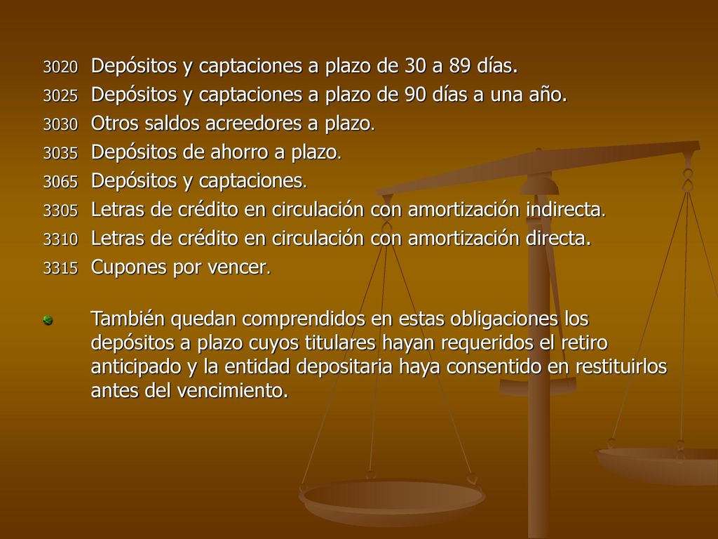3020 Depósitos y captaciones a plazo de 30 a 89 días.
