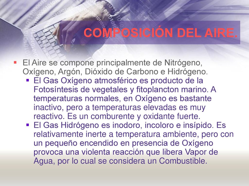 COMPOSICIÓN DEL AIRE. El Aire se compone principalmente de Nitrógeno, Oxígeno, Argón, Dióxido de Carbono e Hidrógeno.