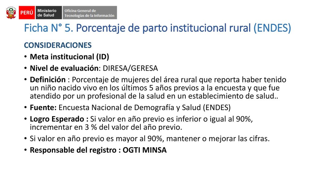 Ficha N° 5. Porcentaje de parto institucional rural (ENDES)