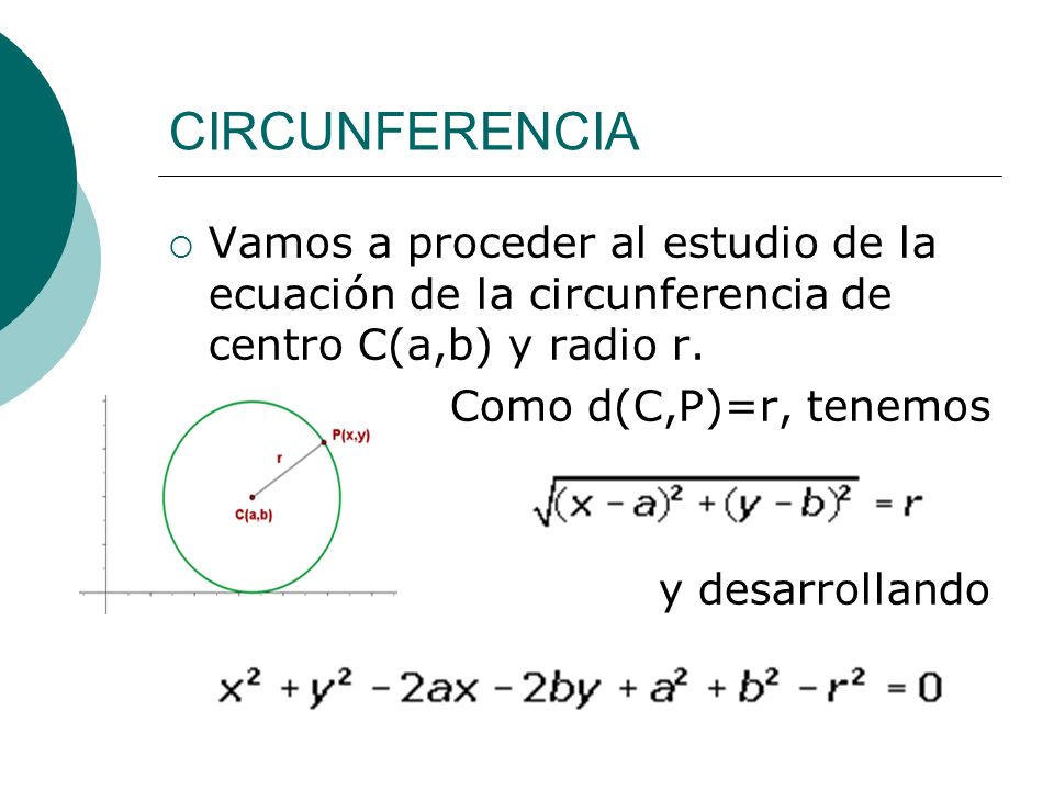 CIRCUNFERENCIA Vamos a proceder al estudio de la ecuación de la circunferencia de centro C(a,b) y radio r.