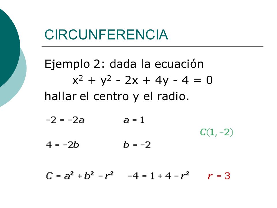 CIRCUNFERENCIA Ejemplo 2: dada la ecuación x2 + y2 - 2x + 4y - 4 = 0