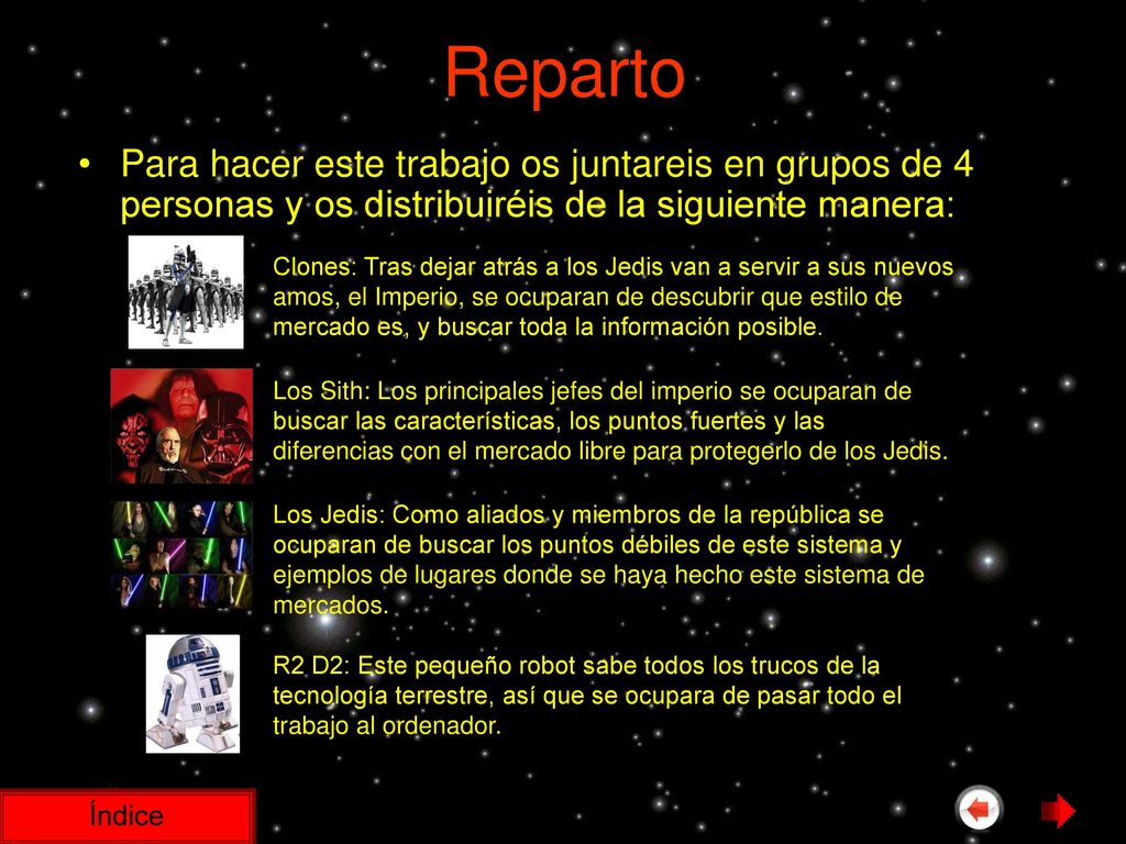 Reparto Para hacer este trabajo os juntareis en grupos de 4 personas y os distribuiréis de la siguiente manera: