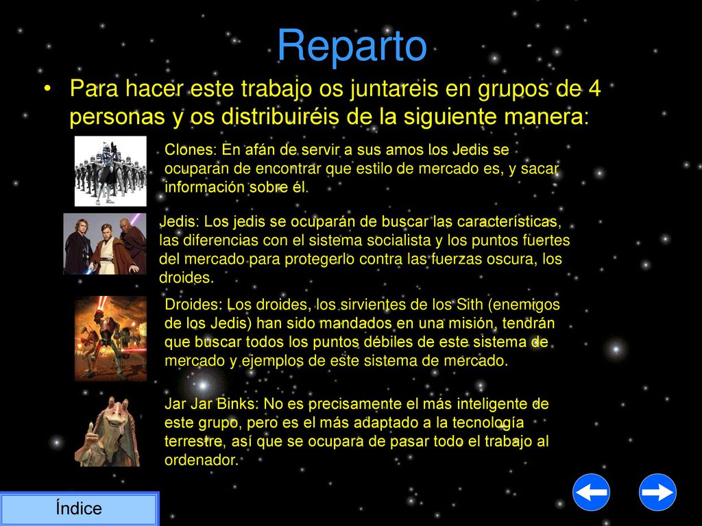 Reparto Para hacer este trabajo os juntareis en grupos de 4 personas y os distribuiréis de la siguiente manera: