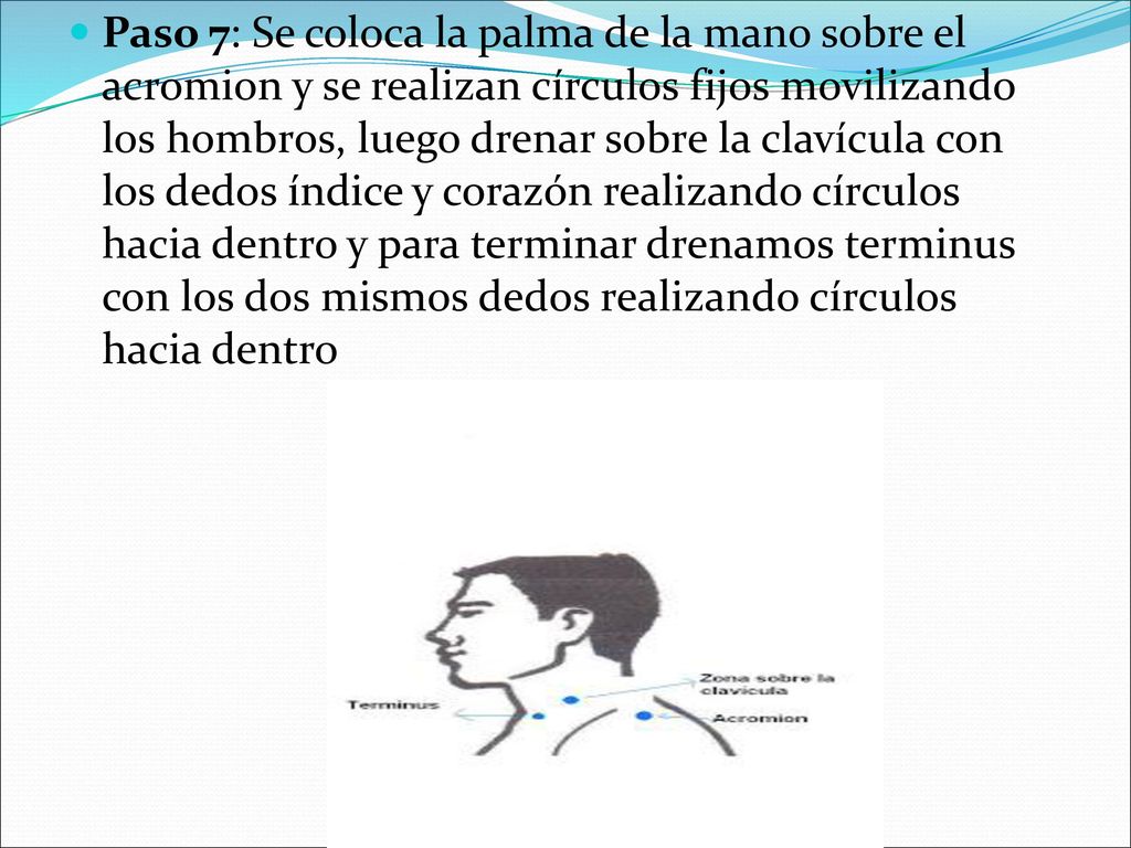 Paso 7: Se coloca la palma de la mano sobre el acromion y se realizan círculos fijos movilizando los hombros, luego drenar sobre la clavícula con los dedos índice y corazón realizando círculos hacia dentro y para terminar drenamos terminus con los dos mismos dedos realizando círculos hacia dentro