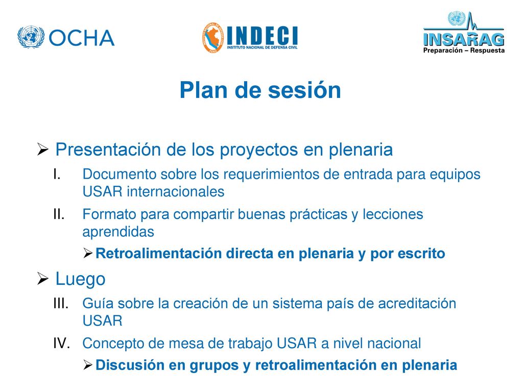 Plan de sesión Presentación de los proyectos en plenaria Luego