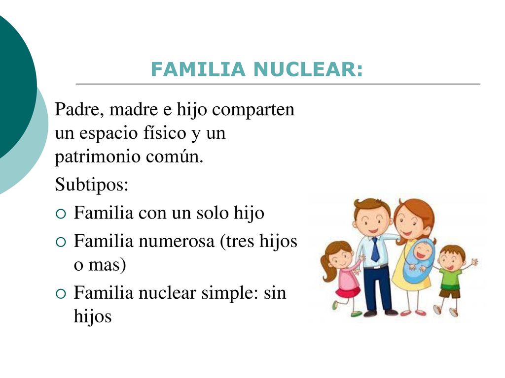 FAMILIA NUCLEAR: Padre, madre e hijo comparten un espacio físico y un patrimonio común. Subtipos: Familia con un solo hijo.