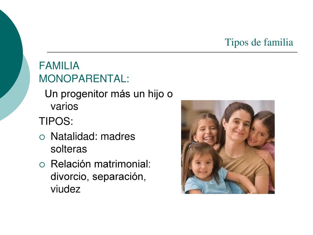 Tipos de familia FAMILIA MONOPARENTAL: Un progenitor más un hijo o varios. TIPOS: Natalidad: madres solteras.
