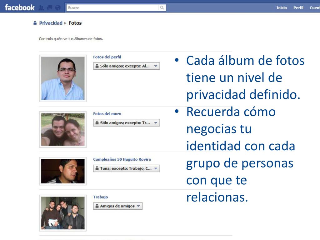 Cada álbum de fotos tiene un nivel de privacidad definido.