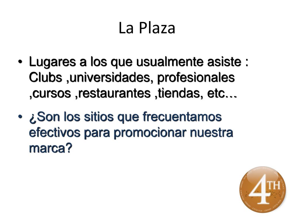 La Plaza Lugares a los que usualmente asiste : Clubs ,universidades, profesionales ,cursos ,restaurantes ,tiendas, etc…