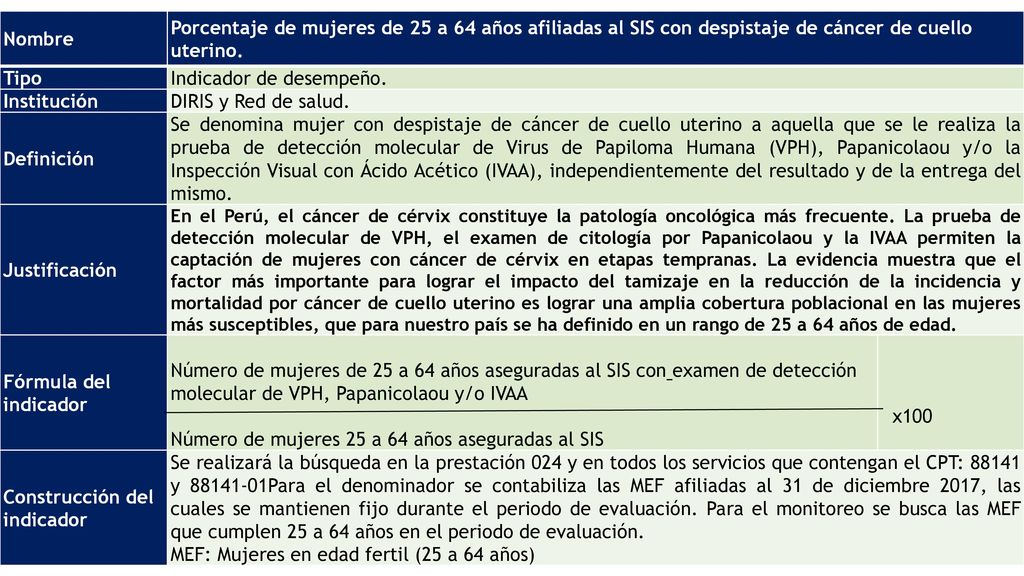 Indicador de desempeño. Institución DIRIS y Red de salud. Definición